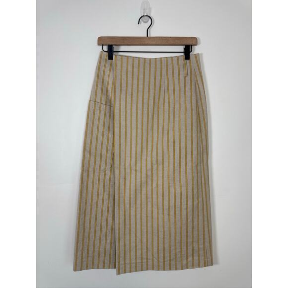 KUHO Korean Designer Wrap Midi Skirt in Beige & Yellow Stripes - Picture 1 of 7